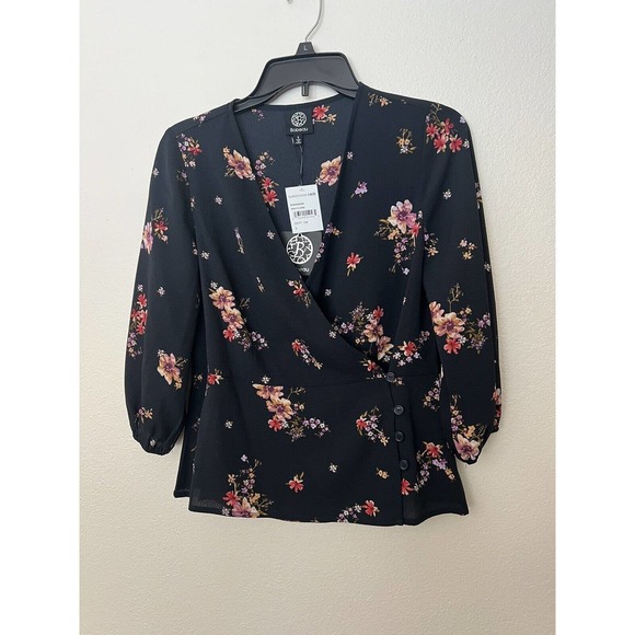 Wrap Tops - Bobeau Floral Japanese Inspired Wrap Blouse Black Small Navy NEW